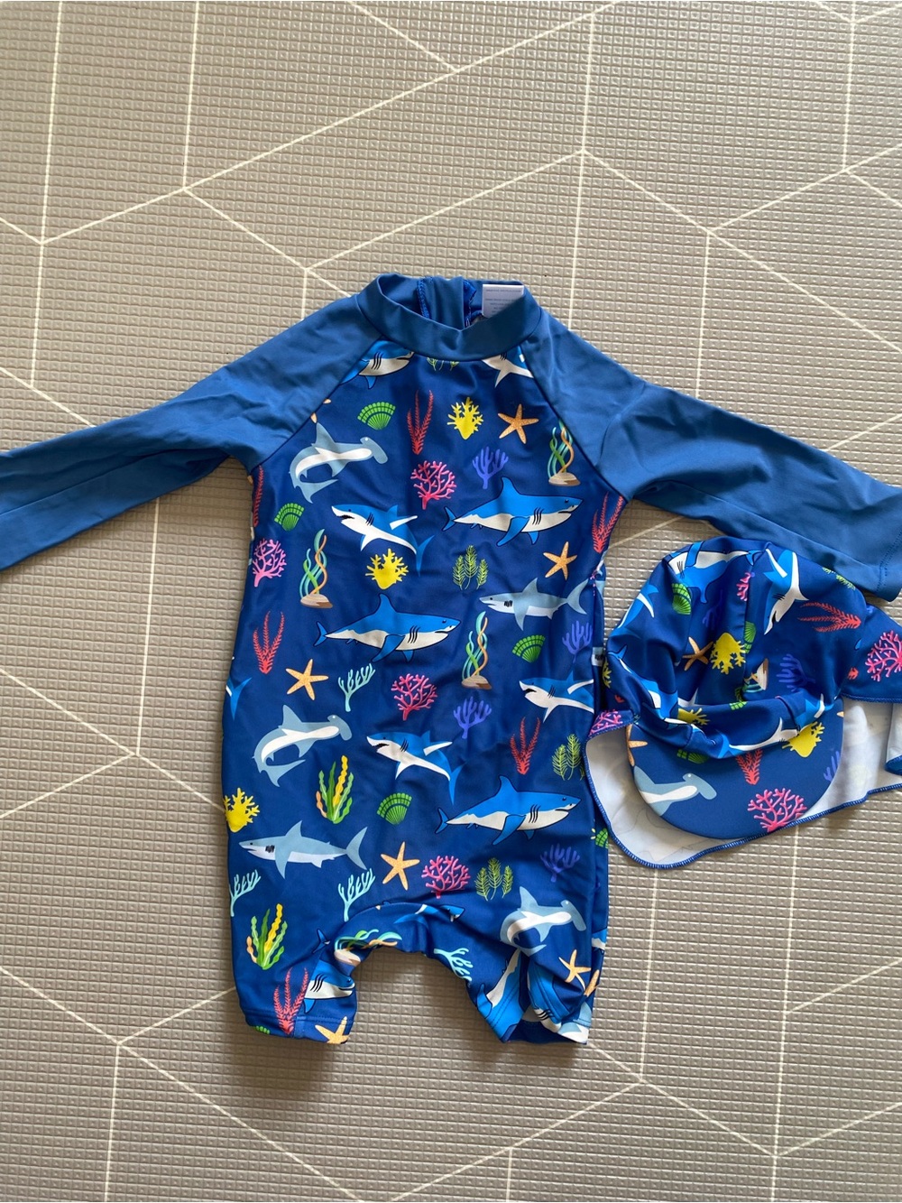 Blue Shark Print Kids Rash Guard Swimsuit with Sun Hat- Upandfast 12-18 month